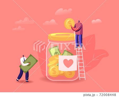 Donation, Volunteers Charity Concept. Tiny Male Characters Stand on Ladder Throw Coins and Bills into Huge Glass Jar Donation, Volunteers Charity Concept. Tiny Male Characters Stand on Ladder Throw Coins and Bills into Huge Glass Jar 72008448