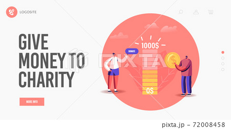 Charity Landing Page Template. Contribution, Tiny Male Female Character Making Donation Help to People in Need, Donate 72008458