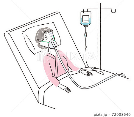 手書き線画カラーイラスト シニア女性 入院 重症のイラスト素材