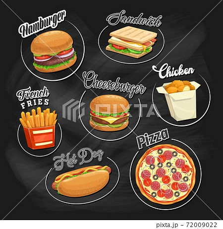Fast food vector icons black chalkboard background Fast food vector icons black chalkboard background 72009022