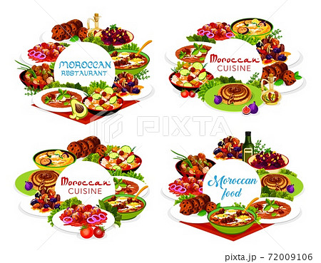 Moroccan food, Morocco cuisine vector round frames 72009106