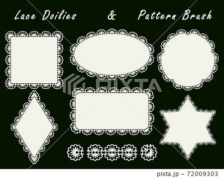 Set of openwork napkins of various shapes and pattern brush for the rim. Lace white elements for design isolated on a dark background. 72009303