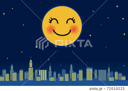 大都市の高層ビル群と夜空と擬人化した笑顔のビッグムーンキャラ満月の背景イラスト ベクターのイラスト素材