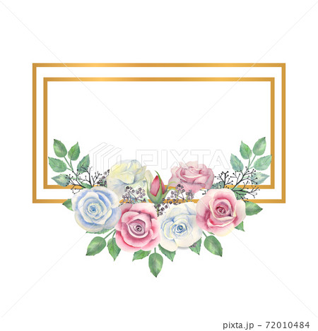 Blue and pink roses flowers, green leaves, berries in a gold rectangular frame. Watercolor illustration 72010484