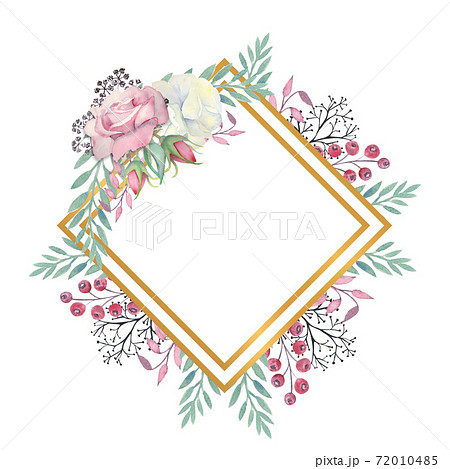 White and pink roses flowers, green leaves, berries in a gold diamond-shaped frame. Watercolor illustration 72010485