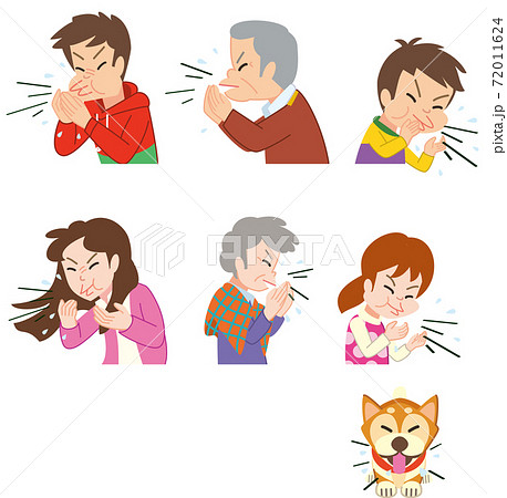 くしゃみをする男女と犬のイラスト素材