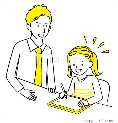 手描き1color タブレット 勉強を見てもらう女の子 男性教師のイラスト素材