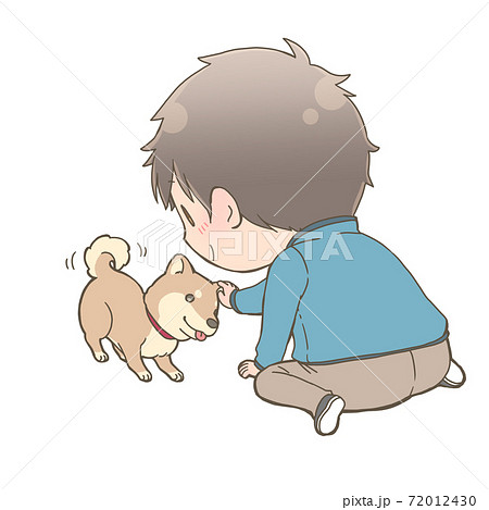 柴犬をなでる男の子のイラスト素材