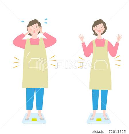 体重計と太り気味と普通体型のエプロンの女性のイラスト素材