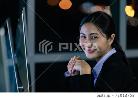 Portrait business young woman working overtime late at night in call center office. 72013758