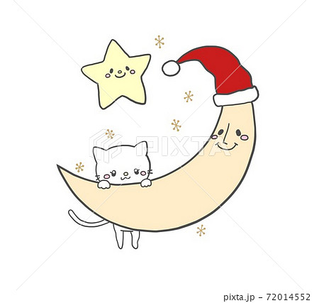サンタ帽のお月さまとお星さまと白猫のかわいい手描き風クリスマスイラストのイラスト素材
