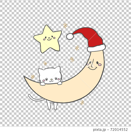 Cute hand-painted Christmas illustrations of the moon, stars and white cat in Santa hat Cute hand-painted Christmas illustrations of the moon, stars and white cat in Santa hat 72014552