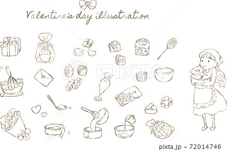 お菓子を作る女の子とバレンタインデーのイラストセット 72014746