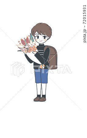 花束を持つ小学生・茶色のランドセル・ベクター 72015931