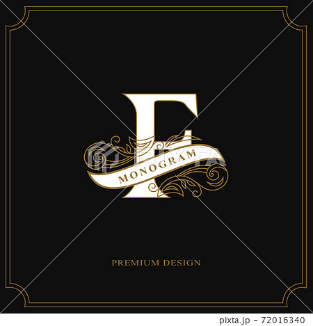Elegant letter F. Calligraphic beautiful logo with tape for labels. Graceful style. Vintage drawn emblem for book design, brand name, business card, Restaurant, Boutique, Hotel. Vector illustration 72016340