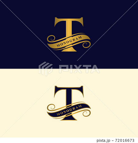 Gold letter T. Calligraphic beautiful logo with tape for labels. Graceful style. Vintage drawn emblem for book design, brand name, business card, Restaurant, Boutique, Hotel. Vector illustration Gold letter T. Calligraphic beautiful logo with tape for labels. Graceful style. Vintage drawn emblem for book design, brand name, business card, Restaurant, Boutique, Hotel. Vector illustration 72016673