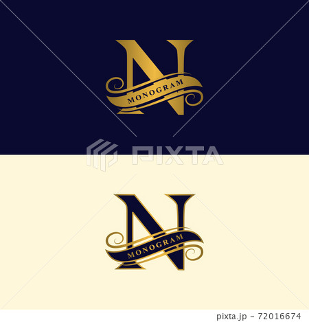 Gold letter N. Calligraphic beautiful logo with tape for labels. Graceful style. Vintage drawn emblem for book design, brand name, business card, Restaurant, Boutique, Hotel. Vector illustration 72016674