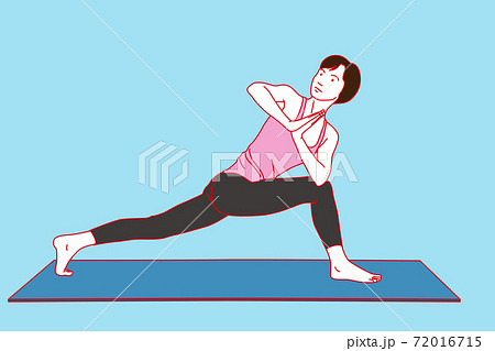 ヨガをする女性 ねじった体側を伸ばすポーズのイラスト素材
