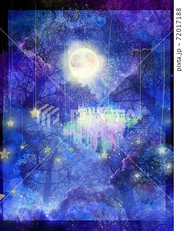 青い雲と夜空に輝くカラフルな古城と空から降り注ぐ流れ星の夢かわいいイラストのイラスト素材 7171