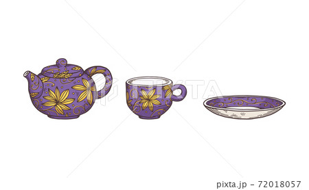 Tea service or tea-set with pot and cup, sketch vector illustration isolated. 72018057