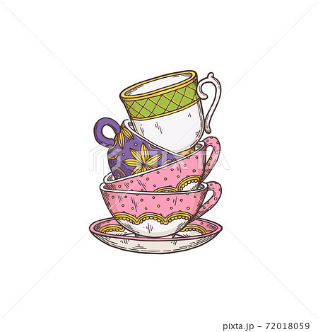 Vector isolated illustration of stack colored hand drawn tea cups for tea time 72018059