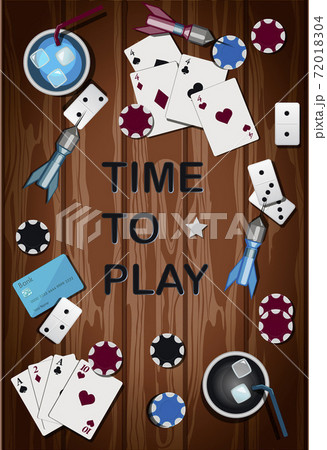 Top view of a wooden table with items for gambling and sports games. Table with items for playing Darts, bowling, cards, poker, dominoes, casino chips. The card for party with presents. Greeting card 72018304