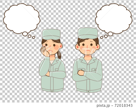 Men and women in work clothes thinking with their arms crossed Men and women in work clothes thinking with their arms crossed 72018343
