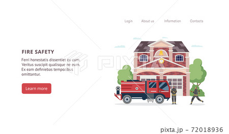 Fire safety banner - firefighter station building and firetruck engine 72018936
