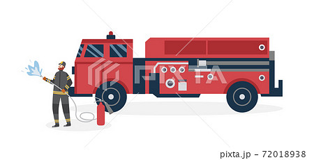 Fireman near fire truck for firefighting flat vector illustration isolated. Fireman near fire truck for firefighting flat vector illustration isolated. 72018938