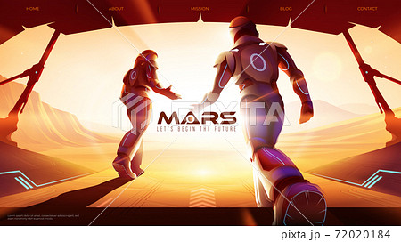 two astronauts are walking out from the spaceship to the outside on Mars, ready for the greatest exploration 72020184