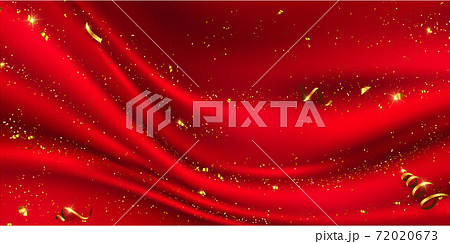 Red curtain background. Grand opening event design. confetti gold ribbons. luxury greeting rich card. 72020673