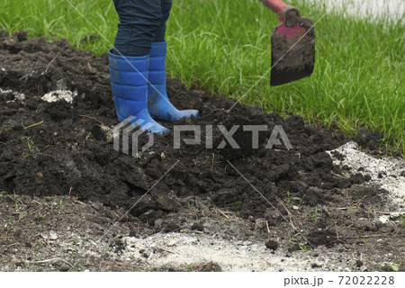 Female Farmer Mixing the Soil and Fertilizers to prepare for Planting in the Garden. Female Farmer Mixing the Soil and Fertilizers to prepare for Planting in the Garden. 72022228