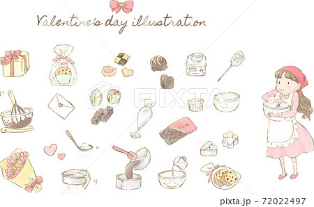 お菓子を作る女の子とバレンタインデーのイラストセットのイラスト素材