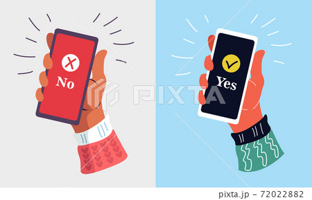 Hand holding a smartphone on isolated background. Notification of acceptance message on mobile phone.  Vector illustration. Flat cartoon design for web banners, websites, and infographics. 72022882