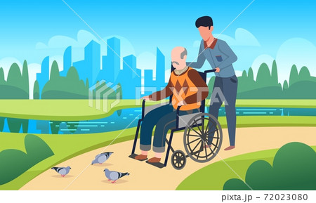 Disabled care. Young man walking with grandfather in wheelchair, public park summer landscape, physical therapy and medical care, volunteering injured people vector illustration 72023080
