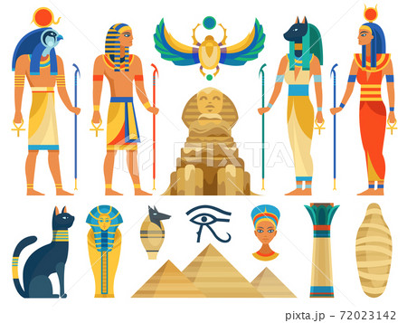 Ancient egypt. Egyptian culture symbols and sign collection. Gods and myth creatures, sacred animals, architecture and idols statues. Archeology monuments and pyramid flat vector set 72023142