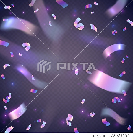 Holographic confetti. Festive neon sparkles, party carnival decor, metal foil particles explosion, rainbow iridescence effect. Decoration poster vector background in purple colors 72023154