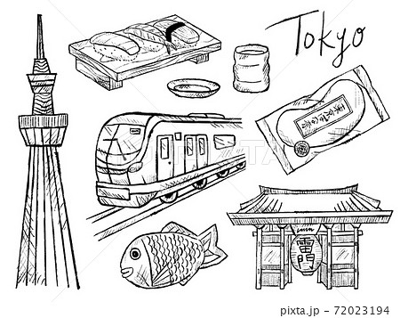 東京やスカイツリーの白黒手書きイラストイメージのイラスト素材