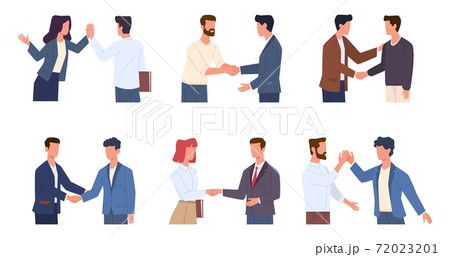 Handshaking people. Greeting male and female characters polite and friendly gestures, men and woman respect and high five, partnership and business etiquette vector flat cartoon set 72023201