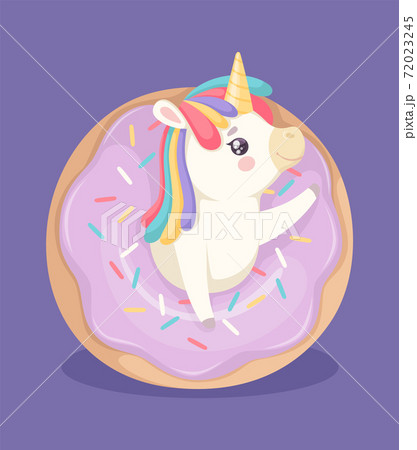 Cute unicorn with donut. Sweet poster, bakery and fantasy animal. Cute cartoon pony and cake with color glaze vector illustration Cute unicorn with donut. Sweet poster, bakery and fantasy animal. Cute cartoon pony and cake with color glaze vector illustration 72023245