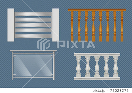 Balcony handrails. Building stairway constructions for terrace wooden glass or metal railing vector realistic templates 72023275