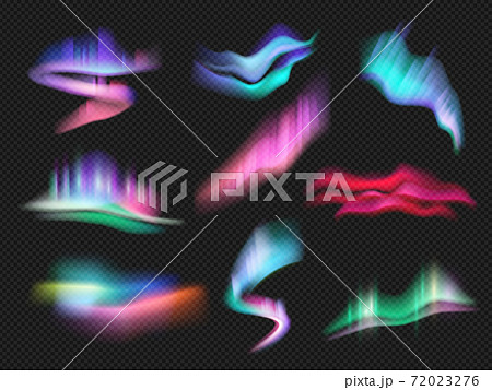 Northern light effects. Beauty weather space gradient in sky lighting night aurora vector set 72023276