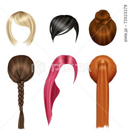Hairs women. Glamour beauty girls short and long hairs blonde brunette red vector realistic set 72023278