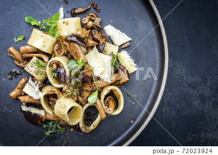 Traditional Italien calamarata noodles with mushroom and parmesan  72023924