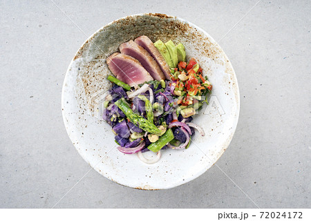 fried tuna fish sashimi filet salad with green asparagus, blue potatoes und vegetable chili relish fried tuna fish sashimi filet salad with green asparagus, blue potatoes und vegetable chili relish 72024172