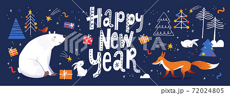 Happy New Year social media banner in Nordic Scandinavian hand drawn style with cute animals. Happy New Year social media banner in Nordic Scandinavian hand drawn style with cute animals. 72024805