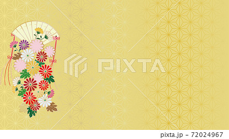 菊の花と扇子と和柄の和風背景のイラスト素材