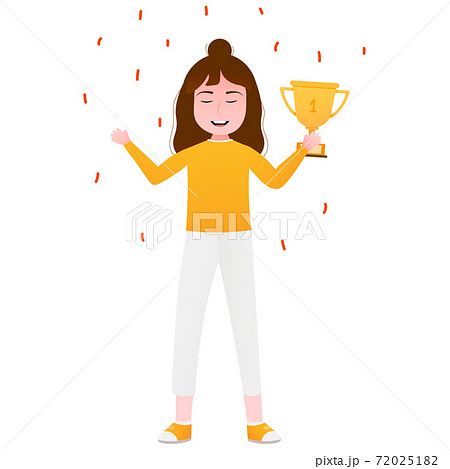 Young girl holding golden trophy, cute winner of competition in school or kindergarden in cartoon style 72025182