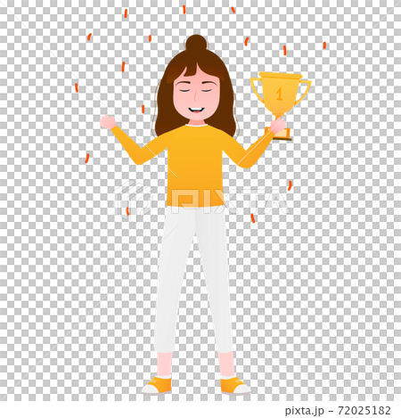 Young girl holding golden trophy, cute winner of competition in school or kindergarden in cartoon style 72025182