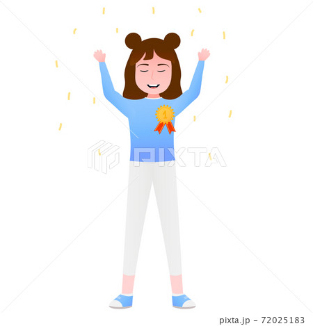 Happy little girl standing with trophy, cute winner in competition, achievement in school, gold medal Happy little girl standing with trophy, cute winner in competition, achievement in school, gold medal 72025183